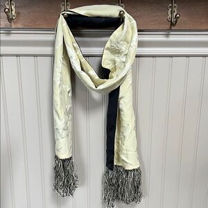Pure Silk Cream and Black Scarf with Fringe